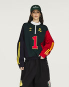 Willy Chavarria x adidas Watsonville Sweatshirt Aurora Ivy / Legend Ink / Better Scarlet Sweatshirts KV1996 Model Detail 1 | Overkill
