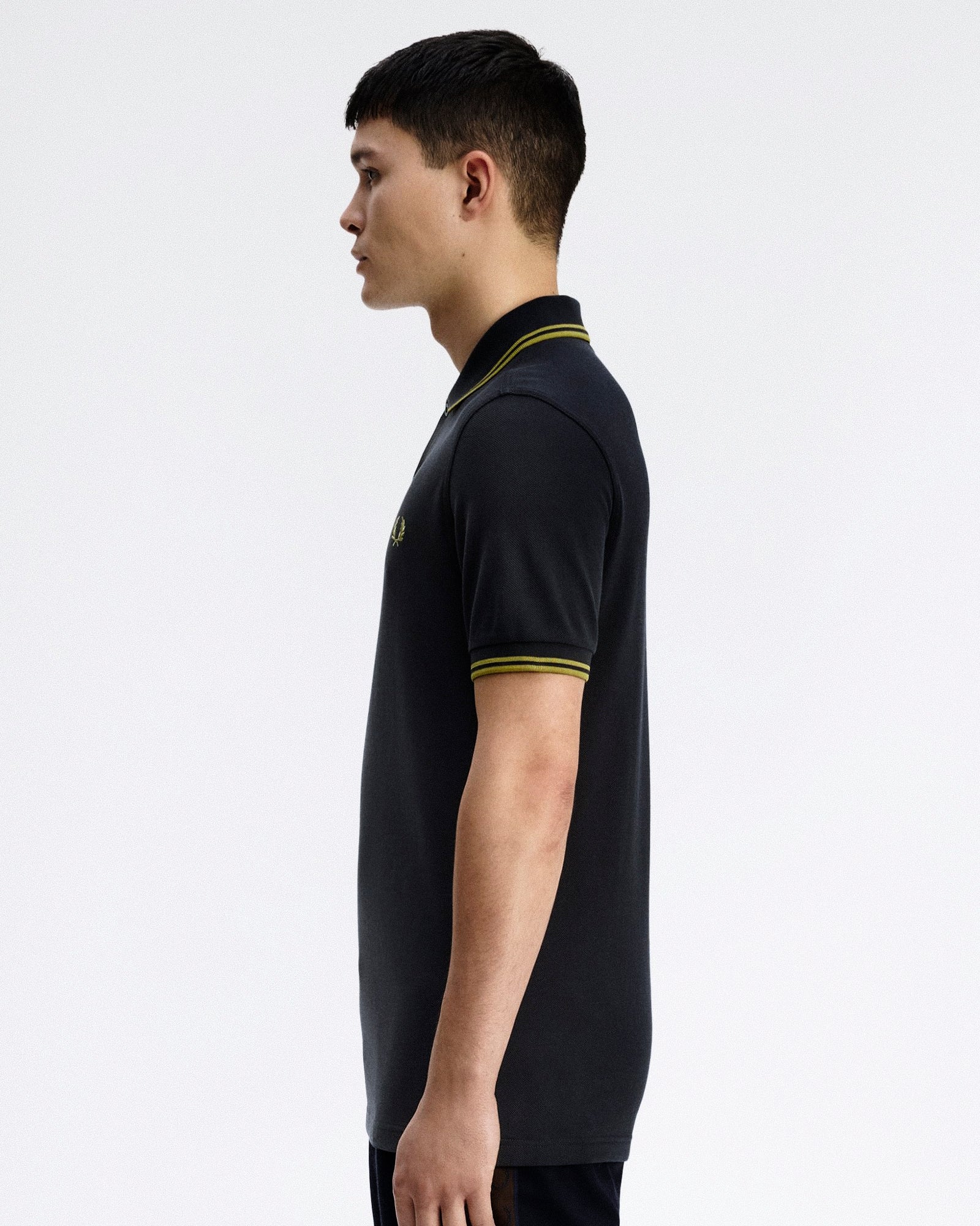 Fred Perry Twin Tipped Fred Perry Shirt Anchor Grey / Tennis Ball Yellow Polo Shirts M3600-58A On Model Back View | Overkill
