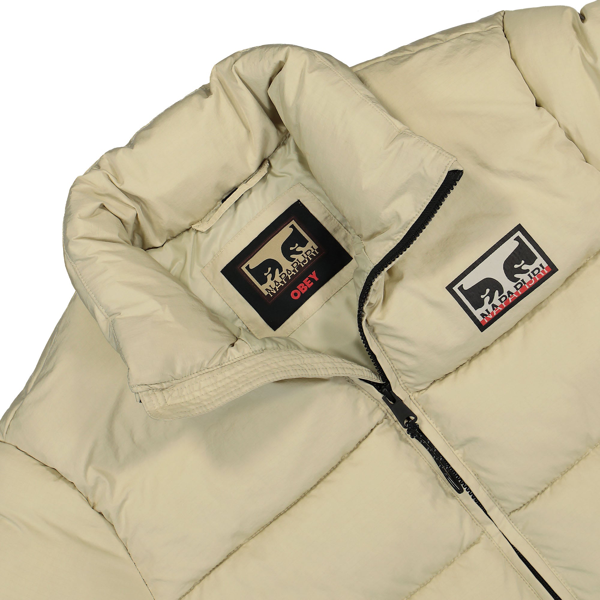 Obey Napapijri x Obey Dont Just Watch It Burn Puffer Jacket Cream Puffer Jackets Close-up | Overkill