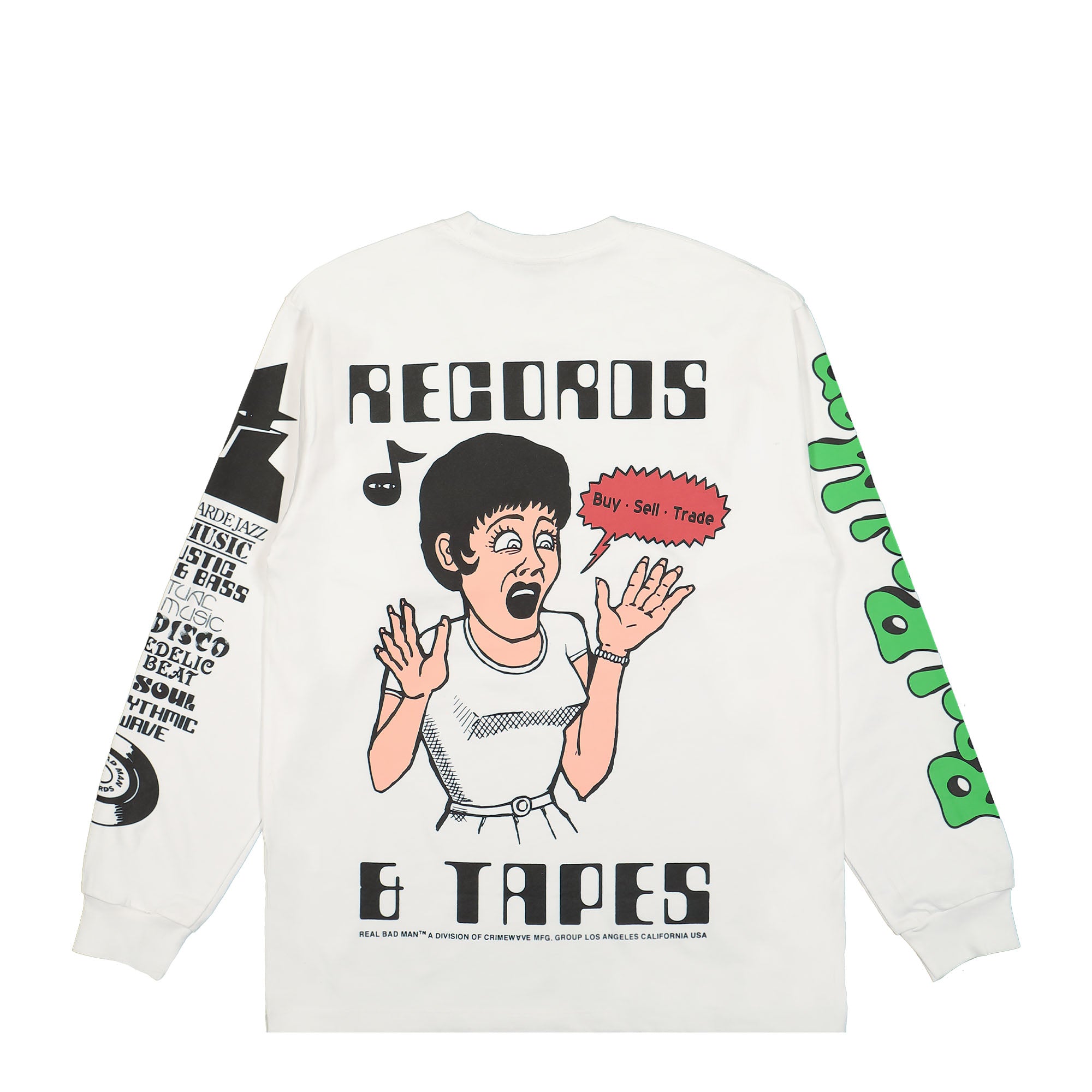 Real Bad Man Records And Tapes LS Tee White Longsleeves Close-up | Overkill
