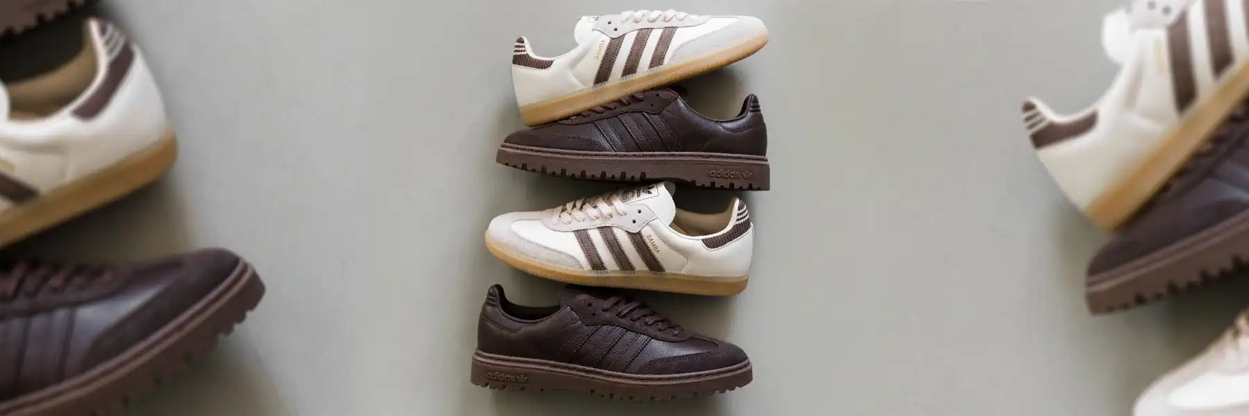 Three pairs of adidas sneakers stacked vertically with alternating light and dark colors on a plain background.