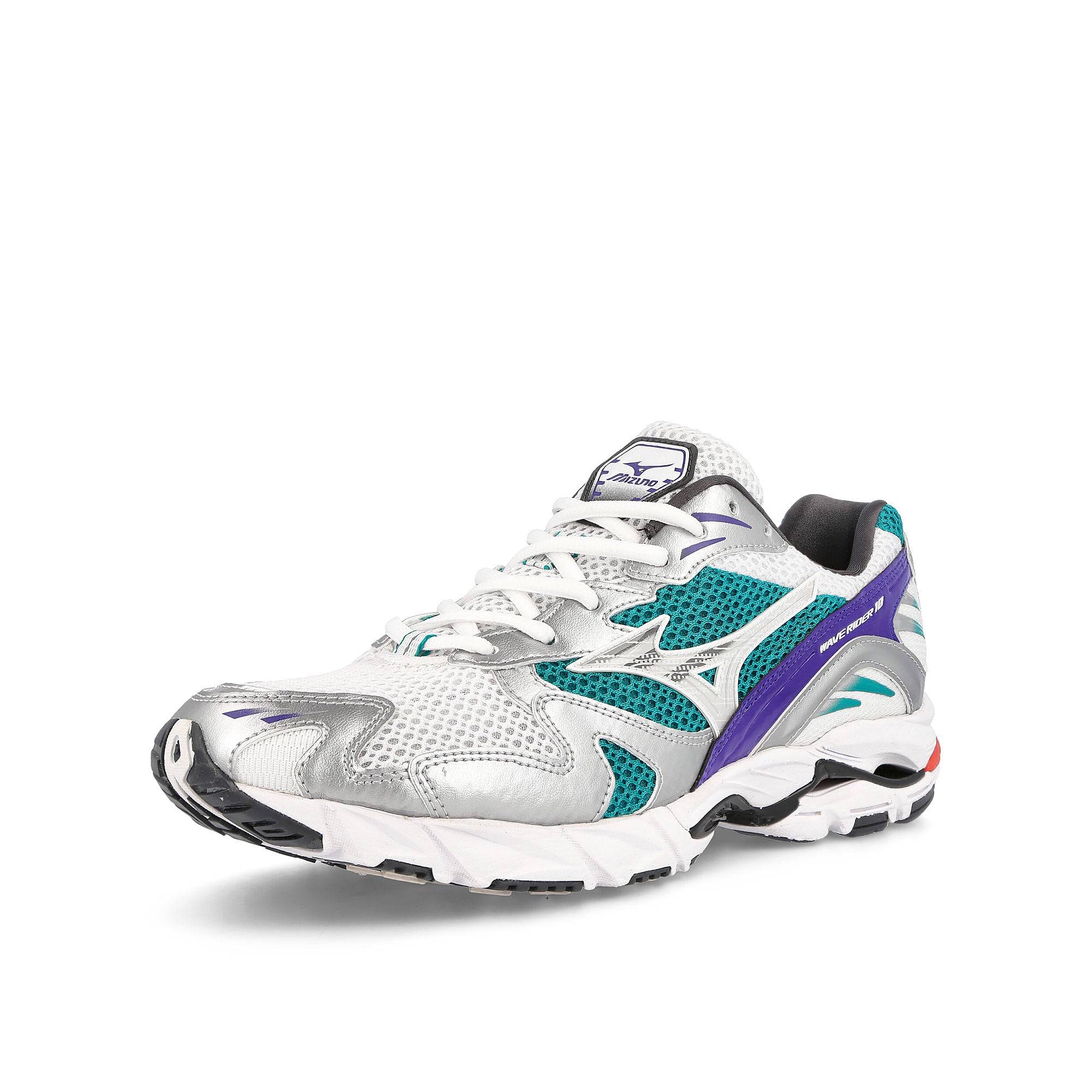 Mizuno Wave Rider 10 White / Silver / Teal Blue Low Top Sneakers  Close Up | Overkill