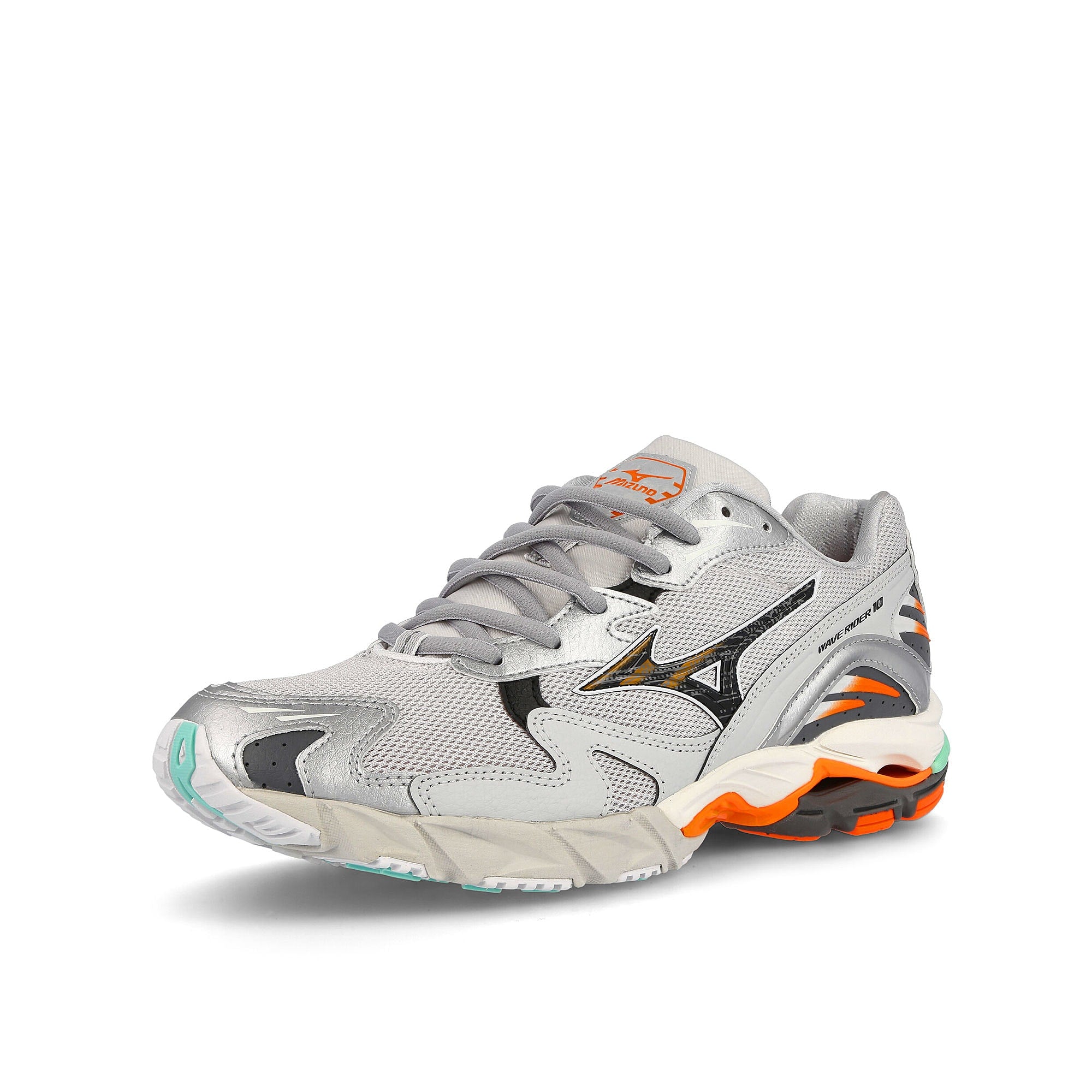 Mizuno wave rider 10 Nimbus Cloud-Lunar Rock-Red Orange Sneakers  Close Up | Overkill