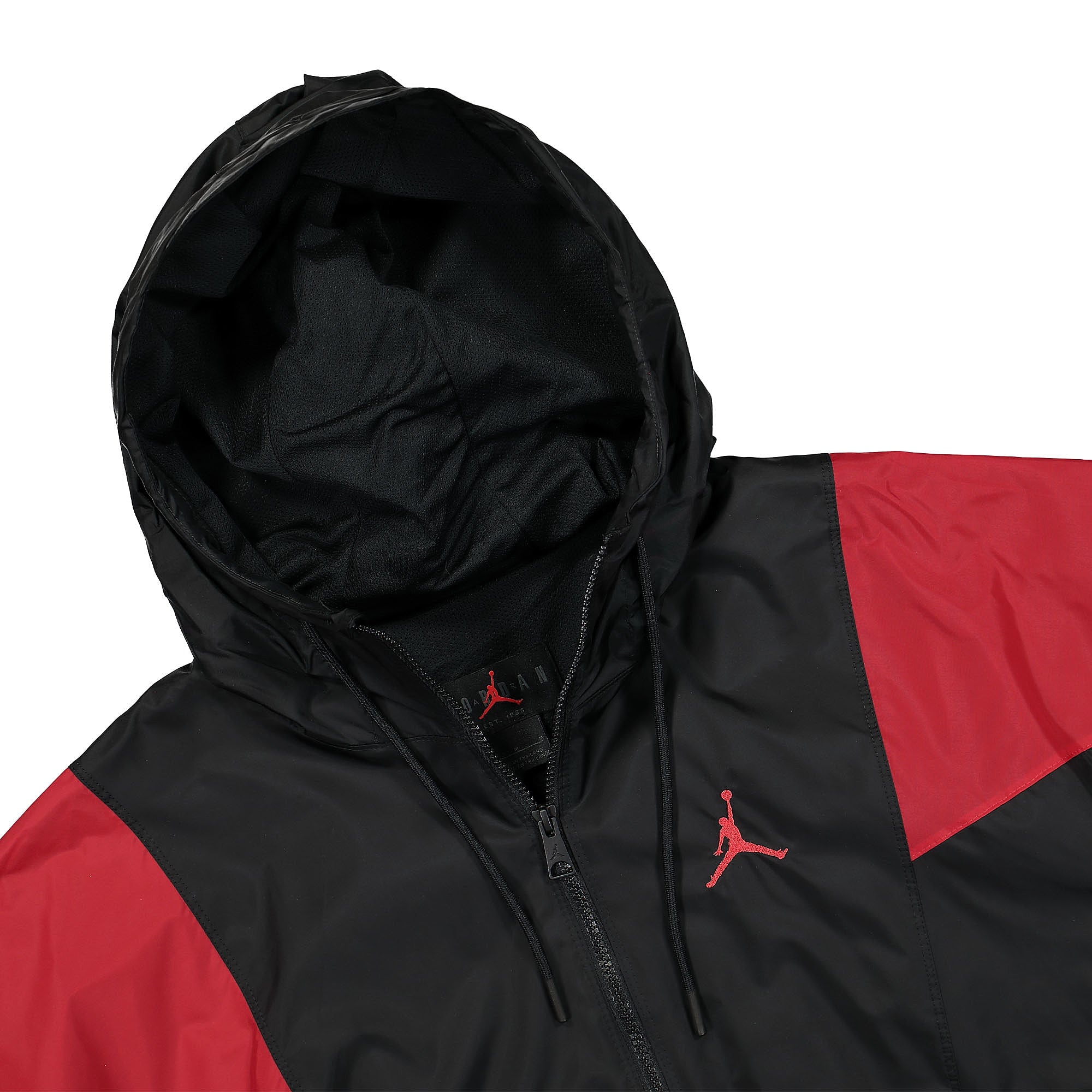 Jordan Air Jordan Essential Woven Jacket Black / Gym Red Track Jackets Close-up | Overkill