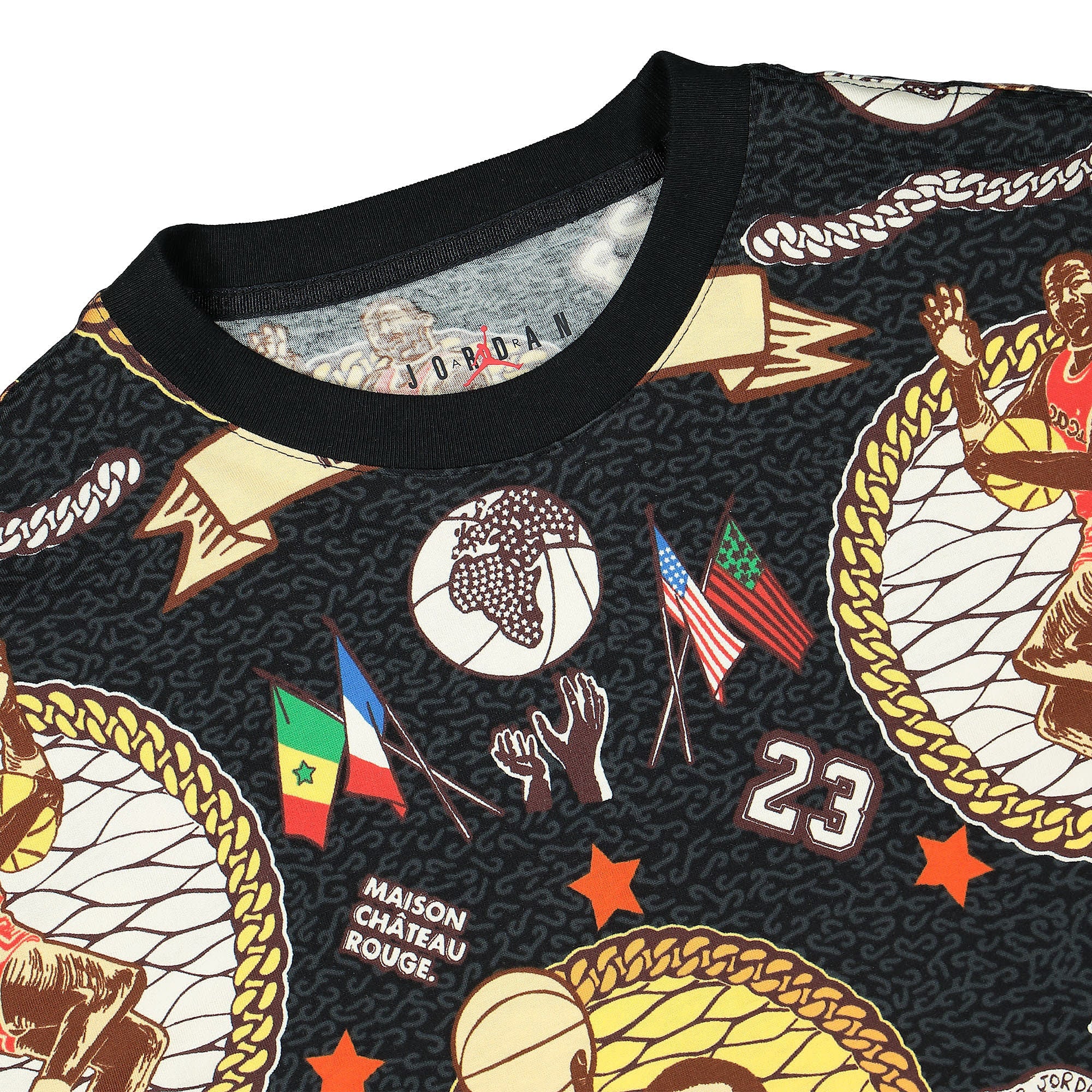 Jordan Maison Chateau Rouge x Air Jordan AOP Tee Black / Sail / Orange T-Shirts Close-up | Overkill