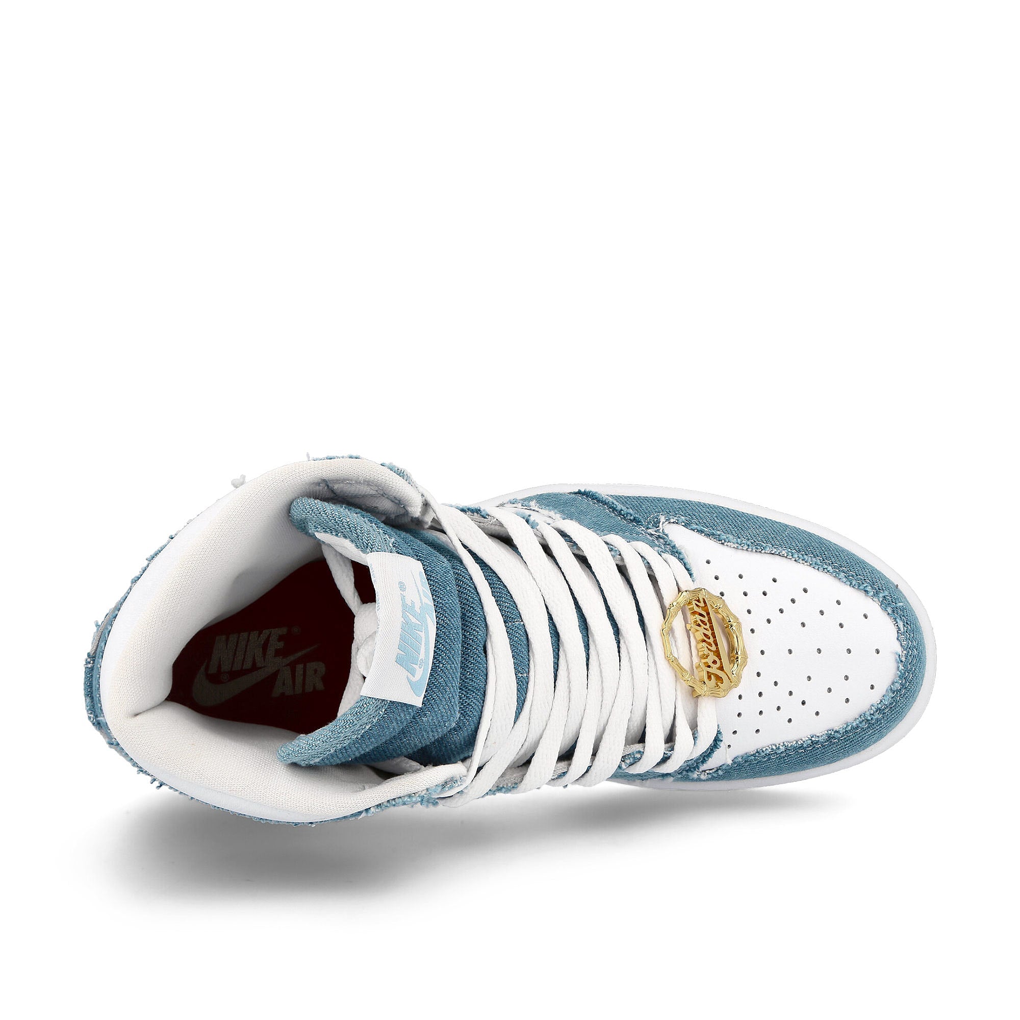 Jordan Wmns Air Jordan 1 Retro Hi OG Denim White / Boarder Blue - Metallic Gold High Top Sneakers  Detail View 1 | Overkill