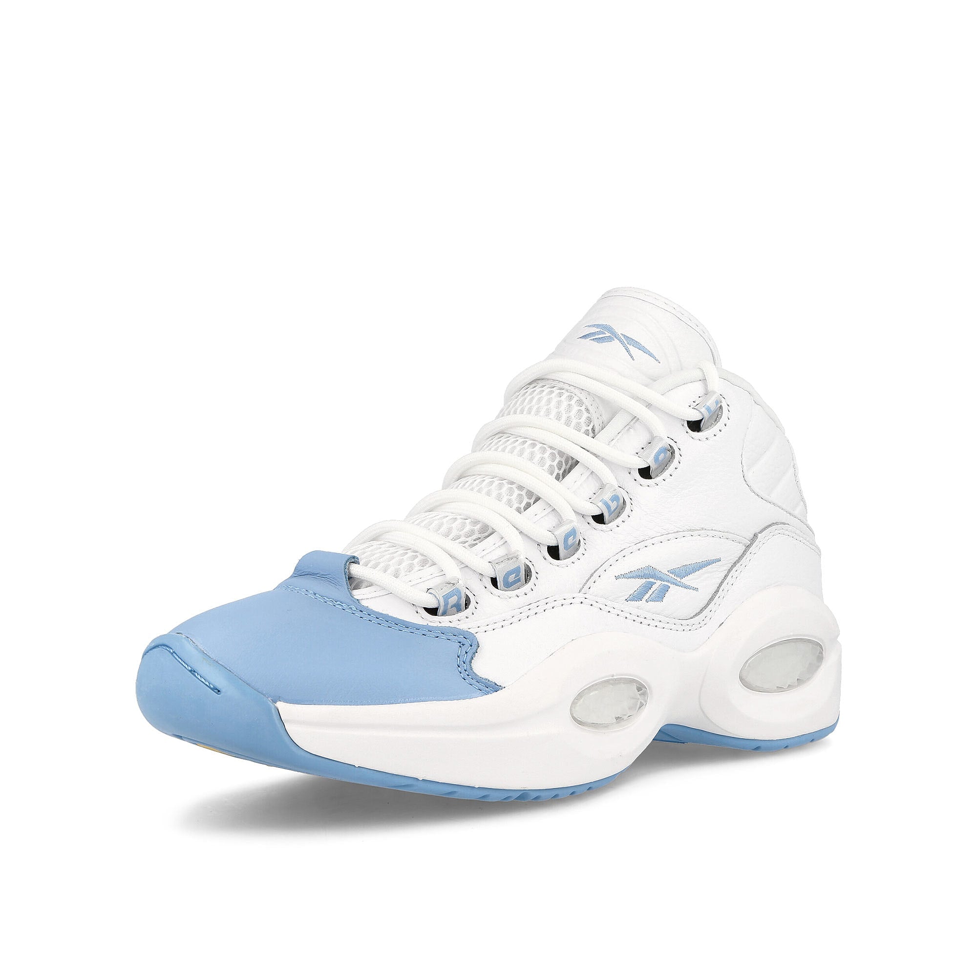 Reebok Question Mid Cloud White-Fluid Blue-Toxic Yellow Mid Top Sneakers  Close Up | Overkill