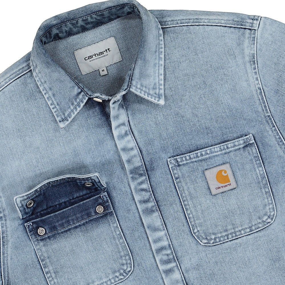 Carhartt WIP Salinac Shirt Jacket Blue Light Used Washed Jackets Close-up | Overkill