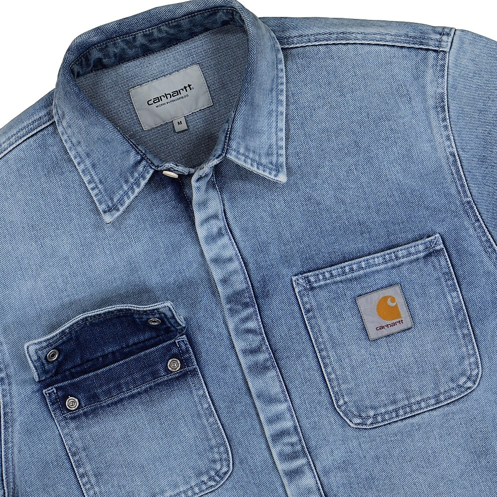 Carhartt WIP Salinac Shirt Jacket Blue Worn Bleached Jackets Close-up | Overkill