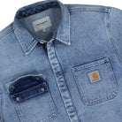 Carhartt WIP Salinac Shirt Jacket Blue Worn Bleached Jackets Close-up | Overkill
