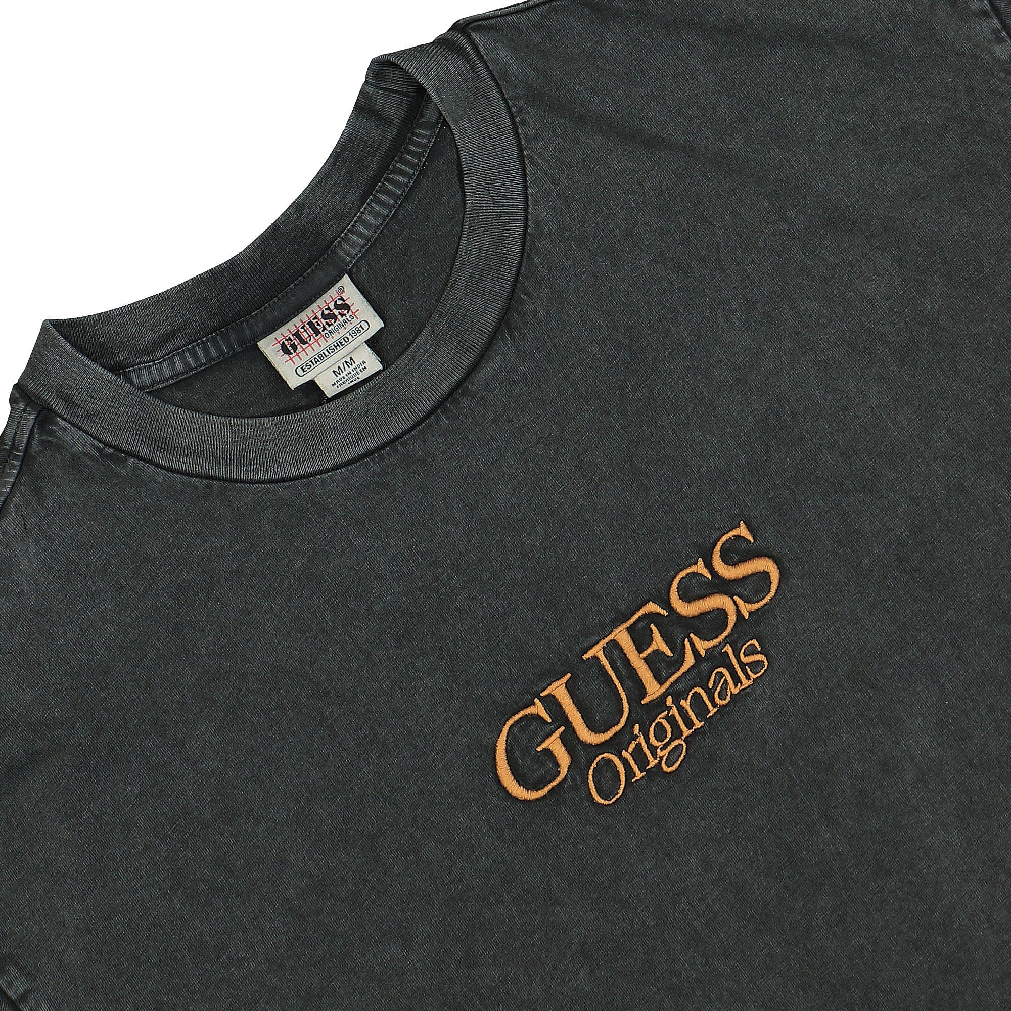 GUESS Originals Go Brent Logo Script Tee Washed Out Black T-Shirts Close-up | Overkill