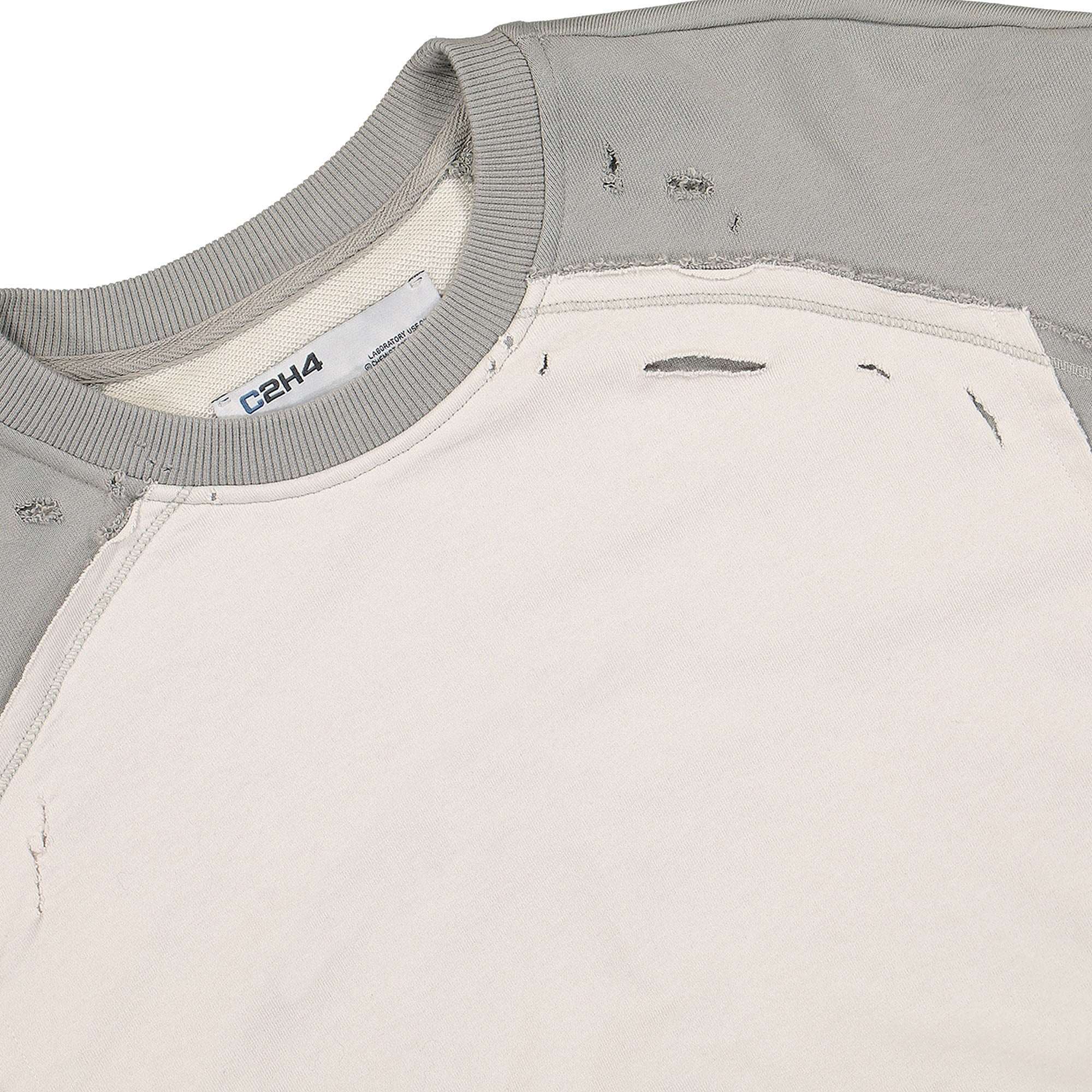C2H4 distressed panelled vagrant crewneck Gray Sweatshirts Close-up | Overkill