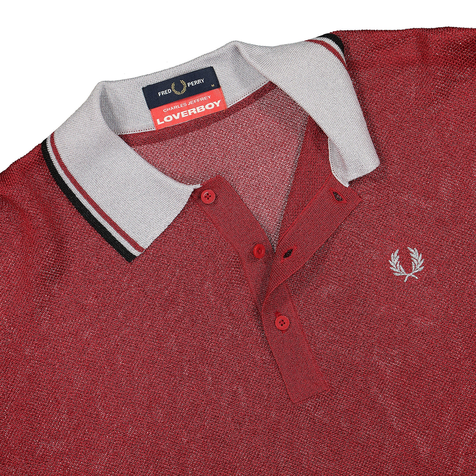 Fred Perry Charles Jeffrey LOVERBOY x Fred Perry Glitter Knitted Rugby Shirt Fiery Red Longsleeves Close-up | Overkill