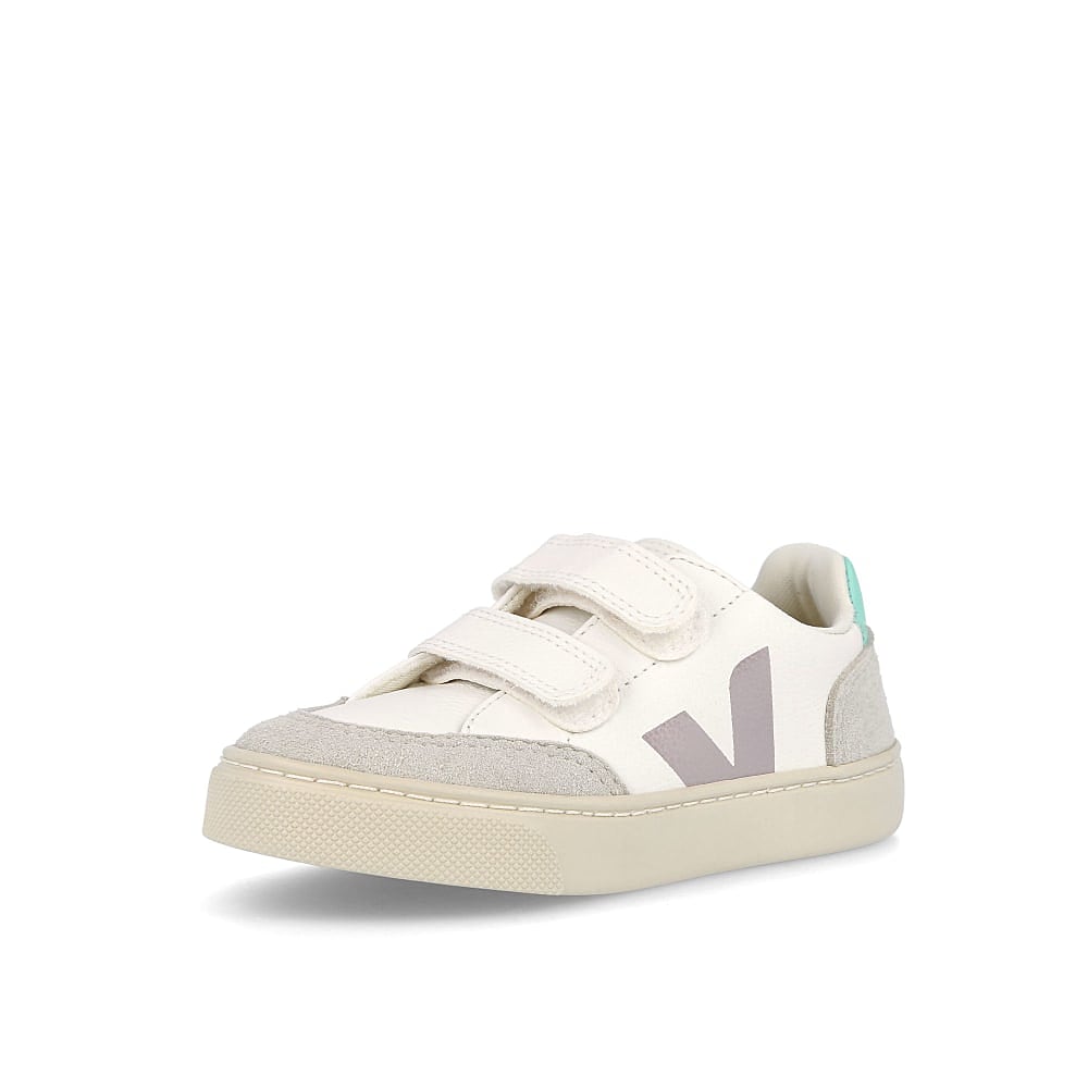 Veja small v-12 velcro chromefree Extra White-Parme Turquoise Low Top Sneakers  Close Up | Overkill